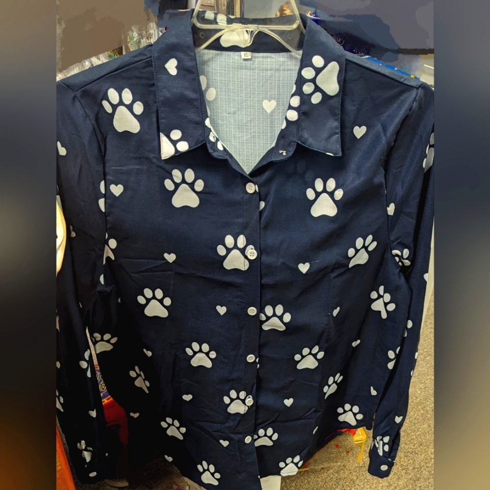 Paw print woman's blouse dress work shirt dog lover navy blue XL plus graphic
